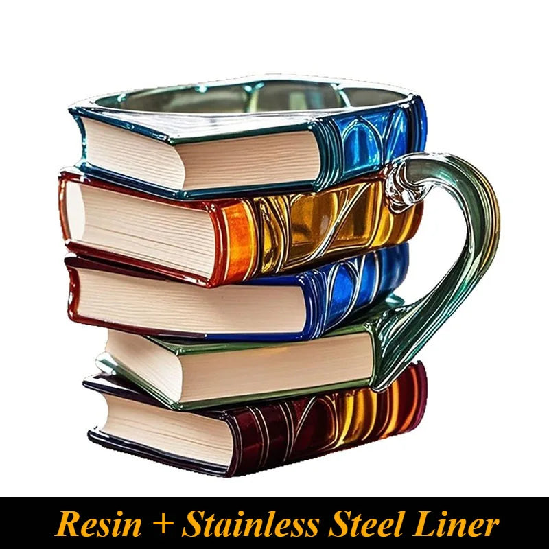 Hand-Painted Book Mug.Stacked Books Design Resin Coffee Cup with 3D Effect,Unique Novelty Gift for Book Lovers,Dishwasher Safe