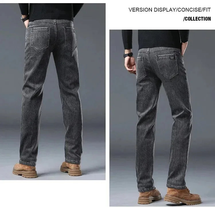 2025 New Winter Men Black Straight Stretch Denim Thick Velvet Pants Warm Jeans Casual Fleece Line Trousers Male Plus Size
