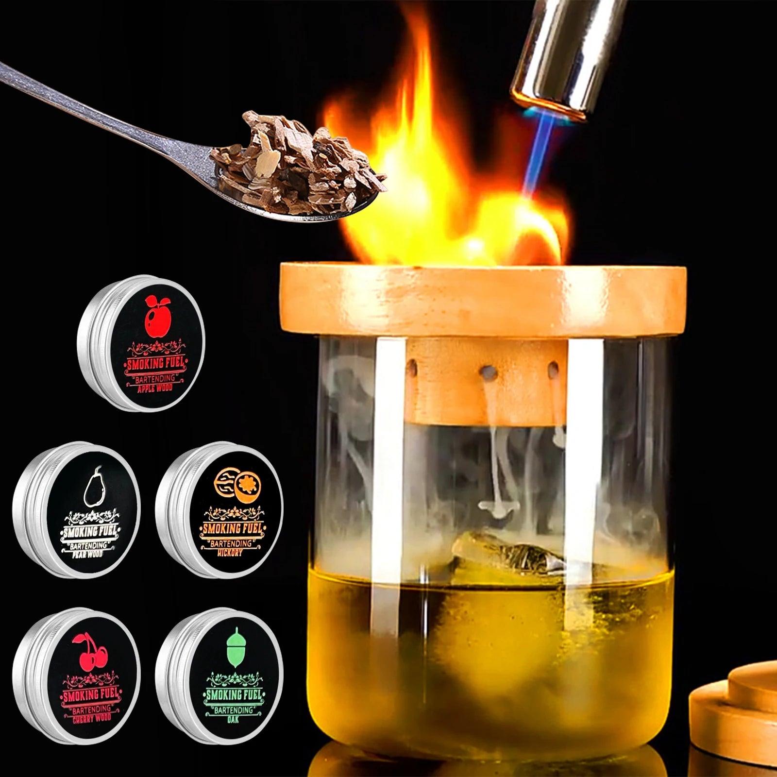 Glass Top Smoker Cocktail Smoker Kit With 4PCS Wood Chips Bartender Accessories For Whiskey Drinks Smoking Gift Kit for Men