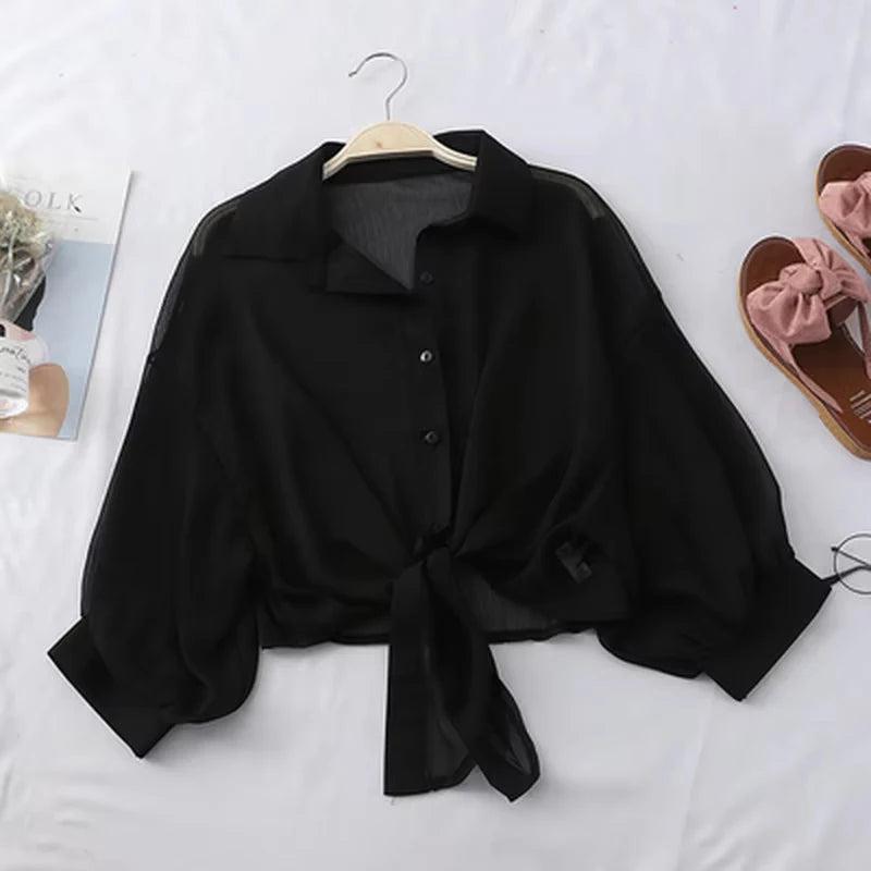 Women Summer Bat Half Sleeve Chiffon Shirt Casual Loose Button Hollow White Clothes Elegant Solid Color Tied Waist Blouse 9776