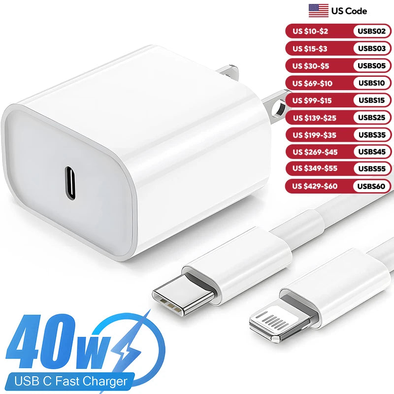 40W Fast Charger For iPhone 14 13 12 11 Pro Max X XS iPad USB Type C Fast Charging Data Cable Phone Charger Set Accessories