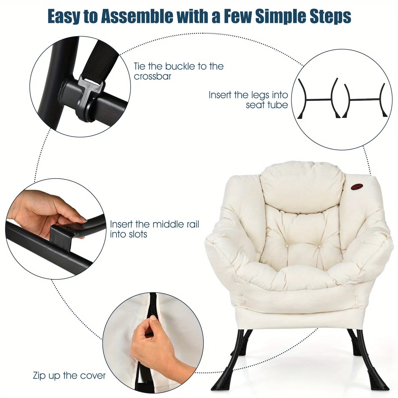 Costway Modern Polyester Fabric Lazy Chair Single Sofa Chair W Side Pocket Beige