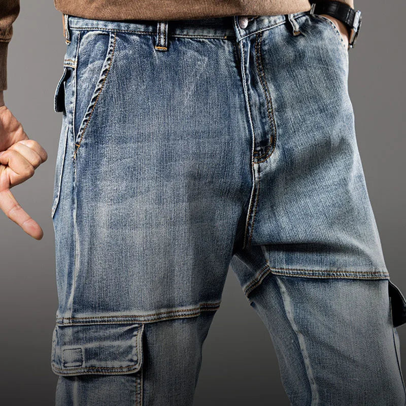 Autumn New Styles Outdoor Men'S Wide Leg Jeans Workwear Multi-Pocket Straight Pents Baggy Jeans Plus Size Tapered Jeans
