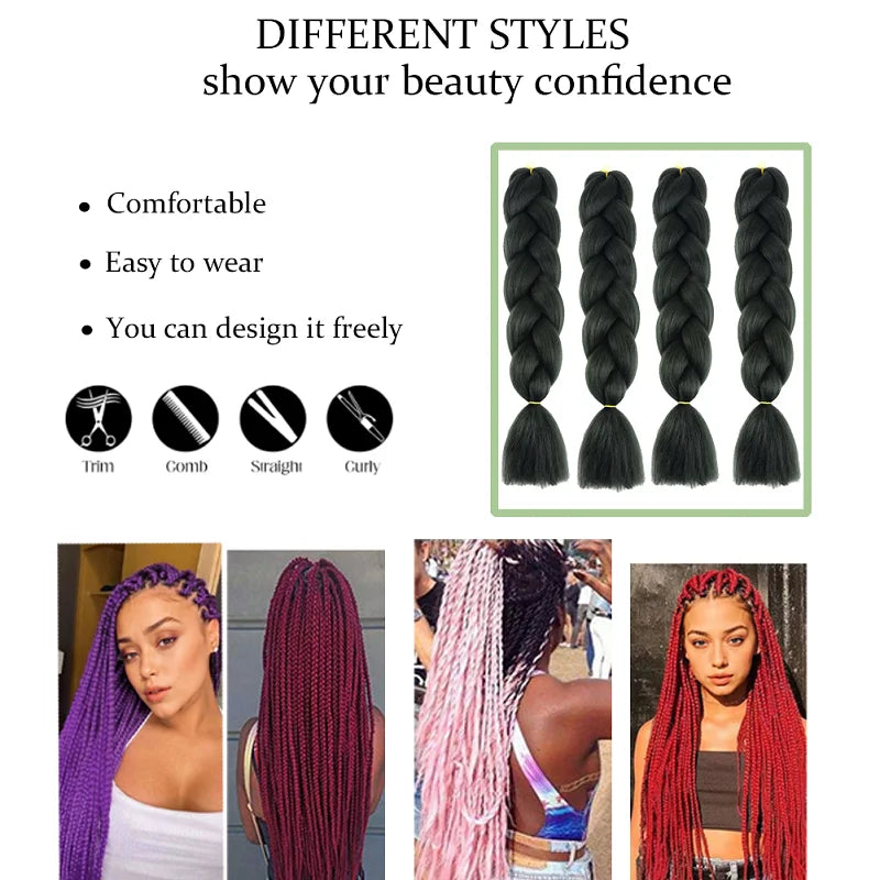24Inch Synthetic Long Straight Yaki Braids Hair Ombre Braiding Hair Jumbo Rainbow Braid Hair Extension for Women DIY Hair