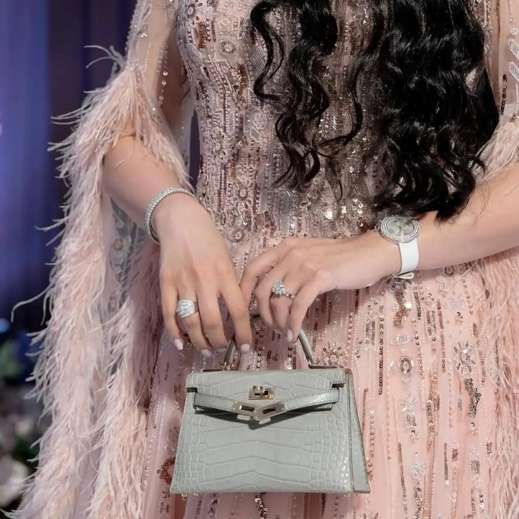 MisShow Customized Pink Feather & Beaded Evening Dress Gown with Sleeves Modest Dresses for Arabic Weddings & Royal Banquets