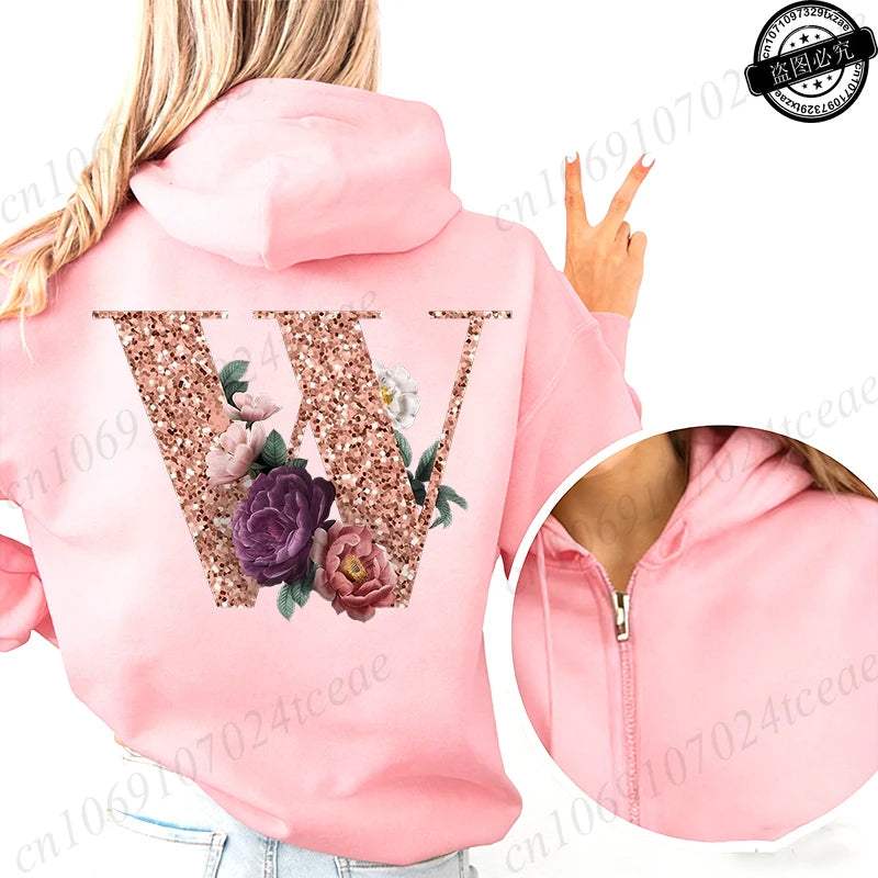 Women Zip Up Hoodies Rose Gold Letter A~Z Zipper Jackets Coats Autumn Winter Hoody Sweatshirt Fashion Casual Zip Pink Hoodie Top