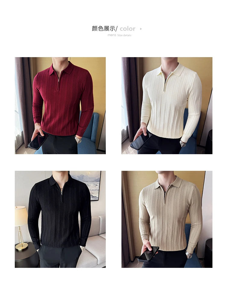 Men's Zip-Front Knit Sweater - White Polo Collar (Black/Burgundy/Cream) M-4XL Soft Touch Autumn Winter Casual Style