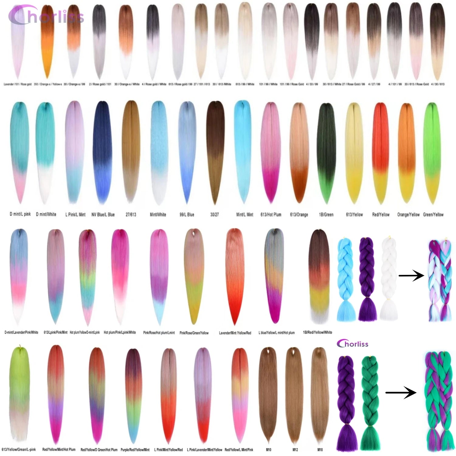 Chorliss Pre-Stretched Jumbo Braids — 24"/26" Synthetic Yaki Ombre (80–90 g, 105 Colors)