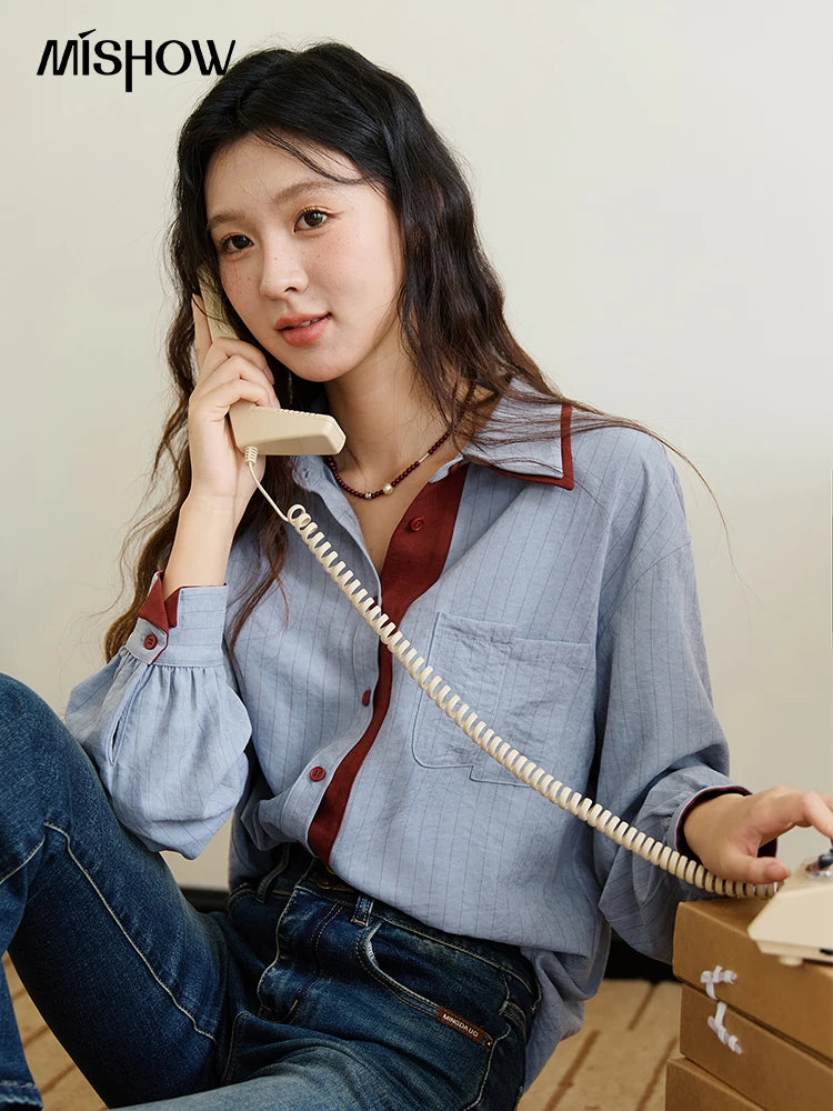 MISHOW Striped Shirt for Women Autumn 2025 Blue Red Splicing Contrasting Color Shirts Laple Loose Retro Commute Top MXE46C2405
