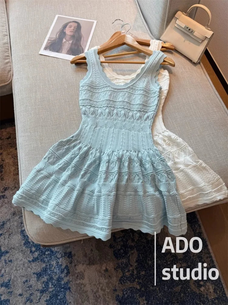 Korobov Solid Color Sweet A-line Dresses Ruffled Knitted Vest Dress for Women Summer French Style Hollow Short Skirt