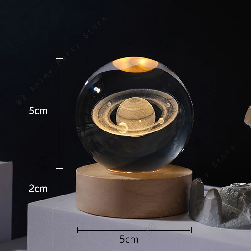 3D Planet Crystal Ball Night Light — USB Powered, Mini 5 cm Glass Globe with Wooden Base