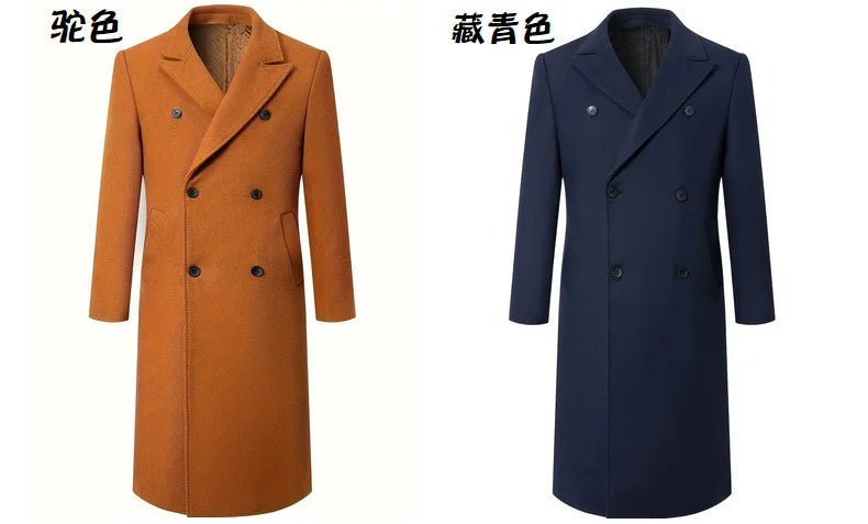 Men Long Double-breasted Coat with Lining Warm Type Coats Wool Blend Lapel Casual Fashion Men's Clothing Polo Jacket Customized