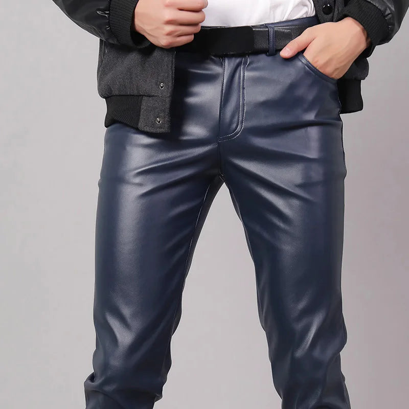 Men's Fashion Rock Style PU Leather Pants Night Club Dance Pants Men's Faux Leather Slim Fit Skinny Motorcycle Trousers