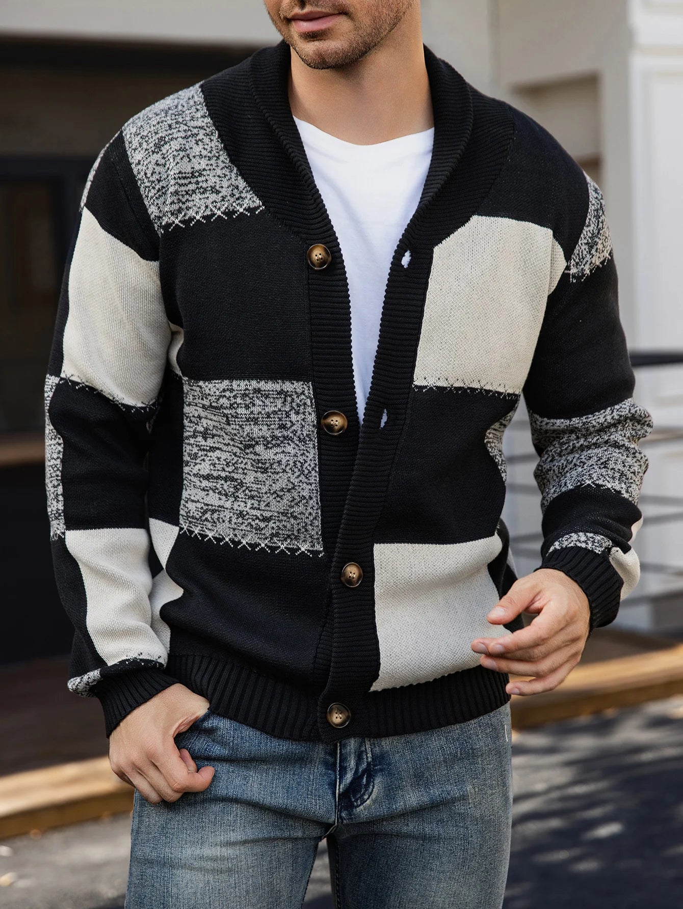 Men's Autumn and Winter Cardigan Sweater, Black-White-Gray Plaid Color Block, Casual and Versatile Knitted Jacket