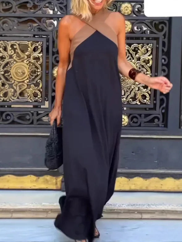 Summer Casual Loose Beach Dresses Fashion Off Shoulder Multi-color Holiday Dress New Women Halter Color Blocked Long Dress