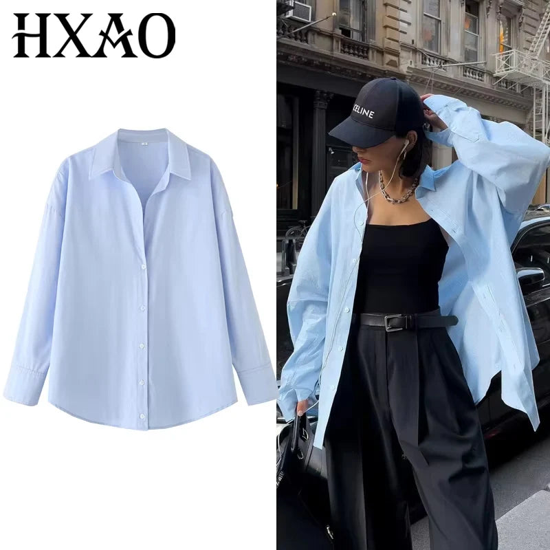 HXAO 2025 Women's Shirt Long Blue Shirt Women Spring Long Sleeve Oversize Shirts Blouses Korean Style Casual Button Up Shirts