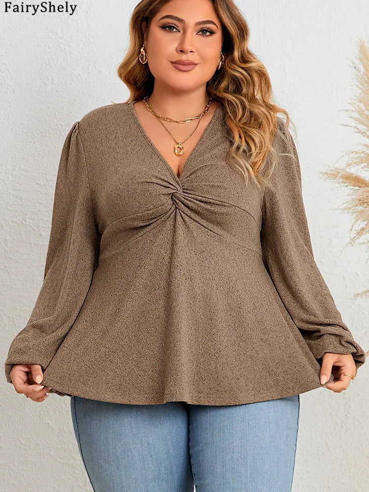 FairyShely Plus Size V-Neck Long Sleeve Top – Brown Casual Pullover for Spring & Autumn