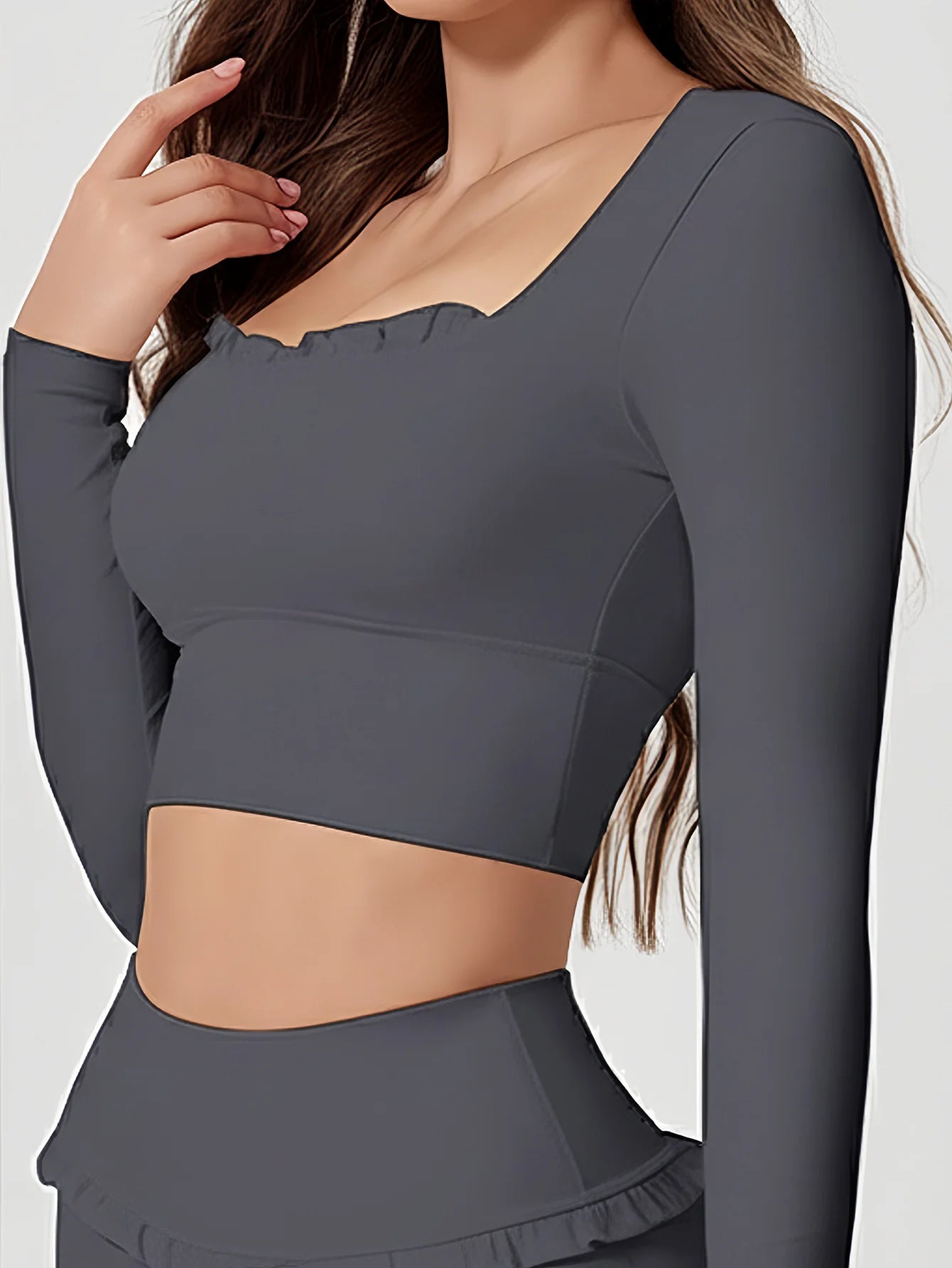 FrillFlow™ 2-Piece Yoga Set — Tummy-Control Flare Pants & Long-Sleeve Top