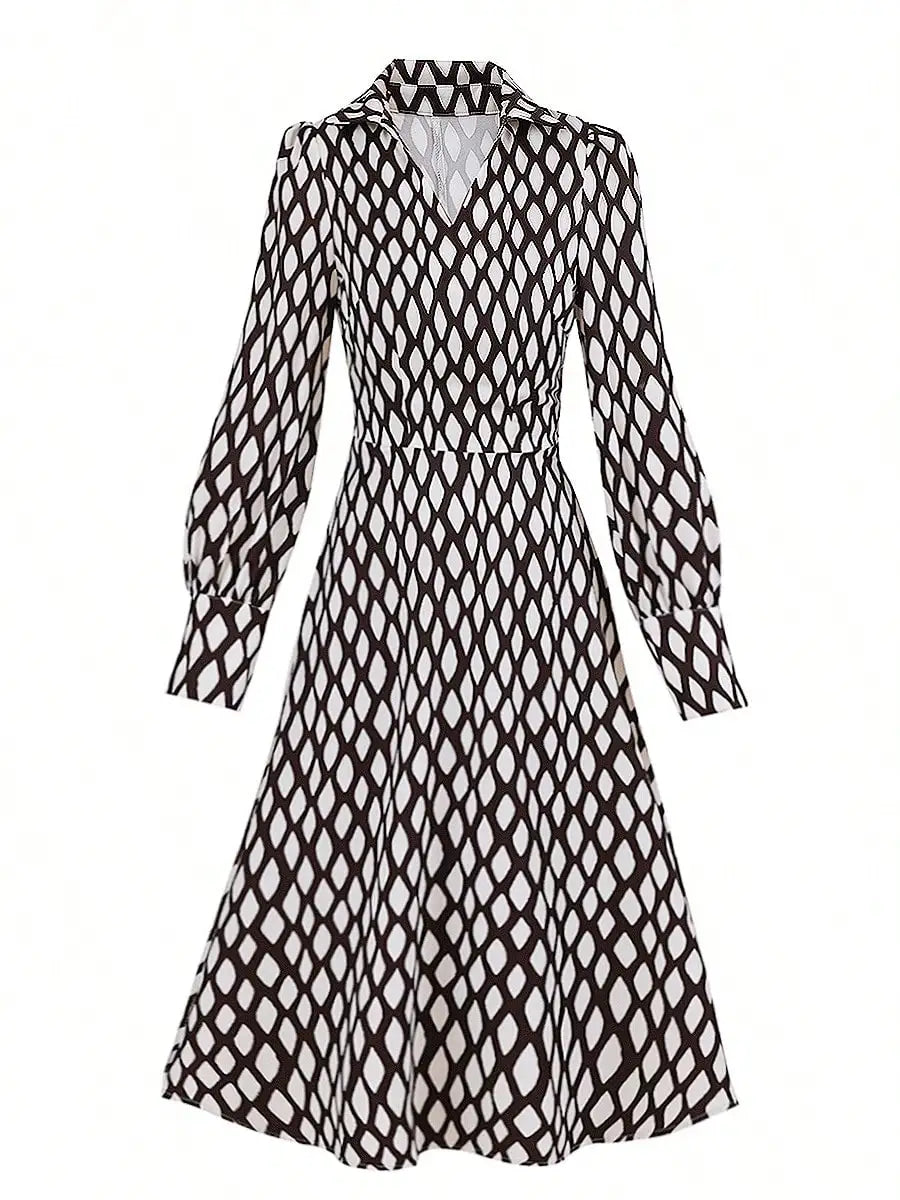 Women's V-Neck Long Sleeve Geometric Print Midi Dress, Elegant Casual Style