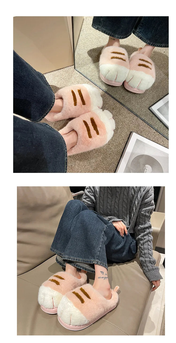 New Adorable Kitty Claw Slippers Women's Home Shoes Non Slip Furry Mules Female Fashion Warm Fluffy Slides Outdoor Cat Slippers
