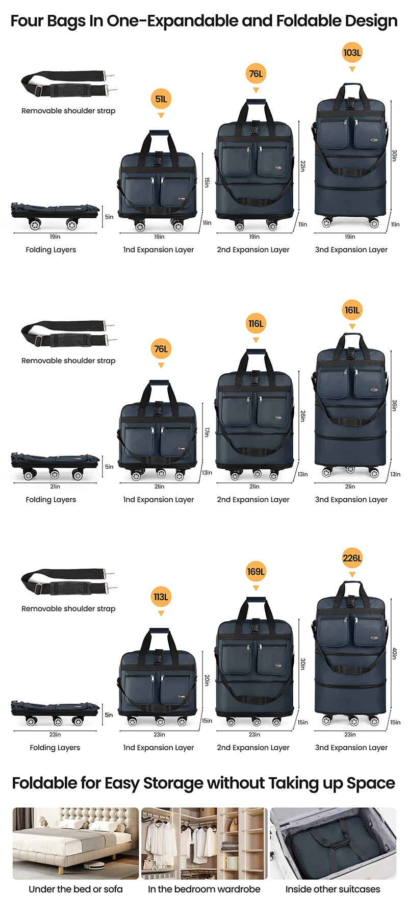 30/36/40 Inch Foldable Expandable Suitcase Bag Water-resistant Large Capacity Rolling Travel Luggage Bag For Moving Storage