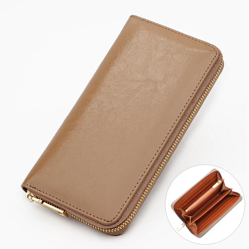 New Oil Waxed Cowhide Women's Zipper Wallet Long Genuine Leather Large Capacity Handbag Japan Style