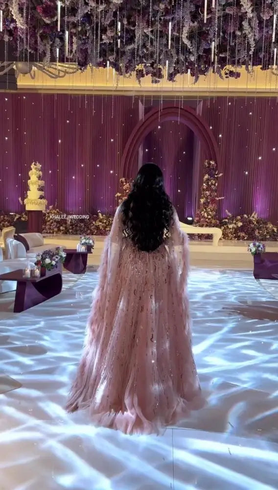 MisShow Customized Pink Feather & Beaded Evening Dress Gown with Sleeves Modest Dresses for Arabic Weddings & Royal Banquets