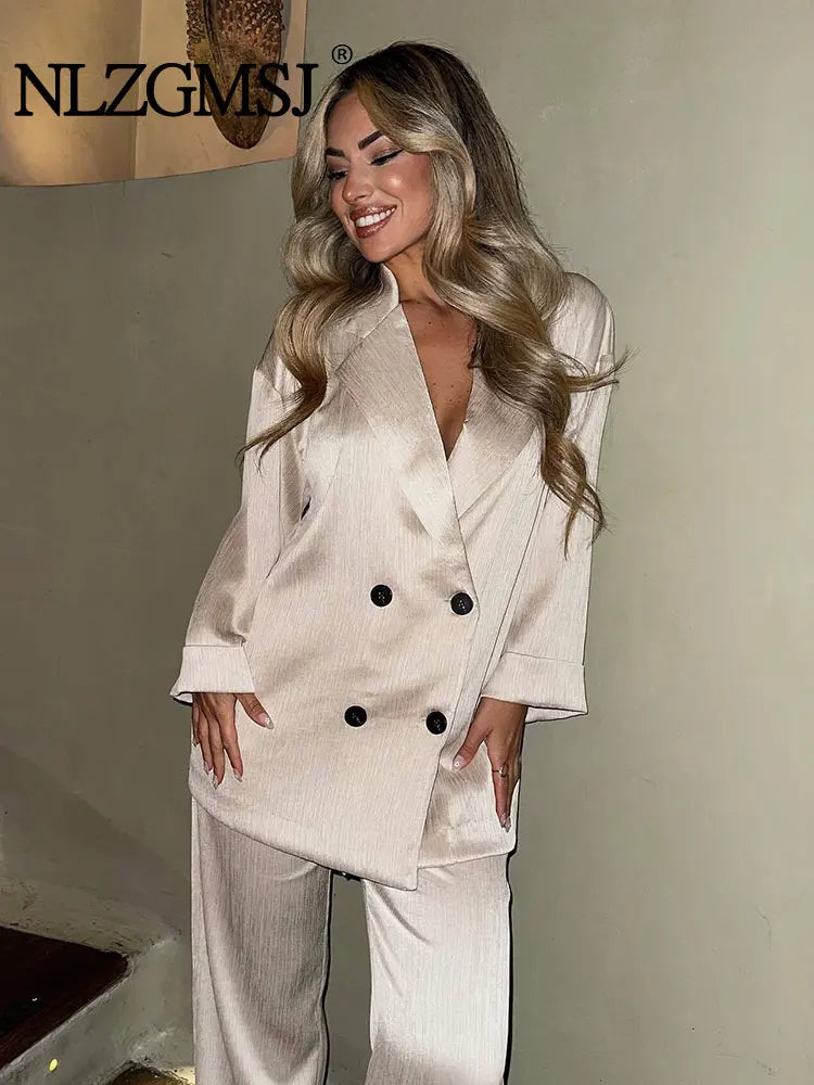 2024 Autumn Women Casual Blazer Coat Pants Set Long Sleeve Double Breasted Blazer + Wide Leg Trousers Lady Office Outfit