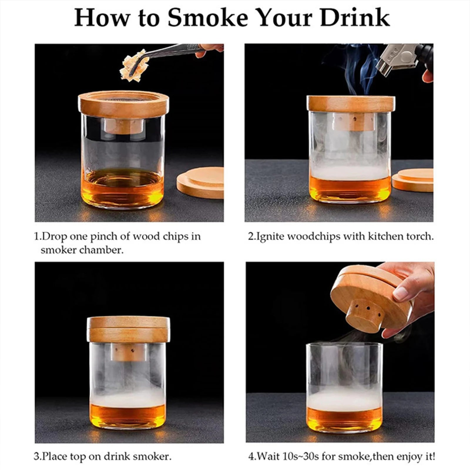 Glass Top Smoker Cocktail Smoker Kit With 4PCS Wood Chips Bartender Accessories For Whiskey Drinks Smoking Gift Kit for Men