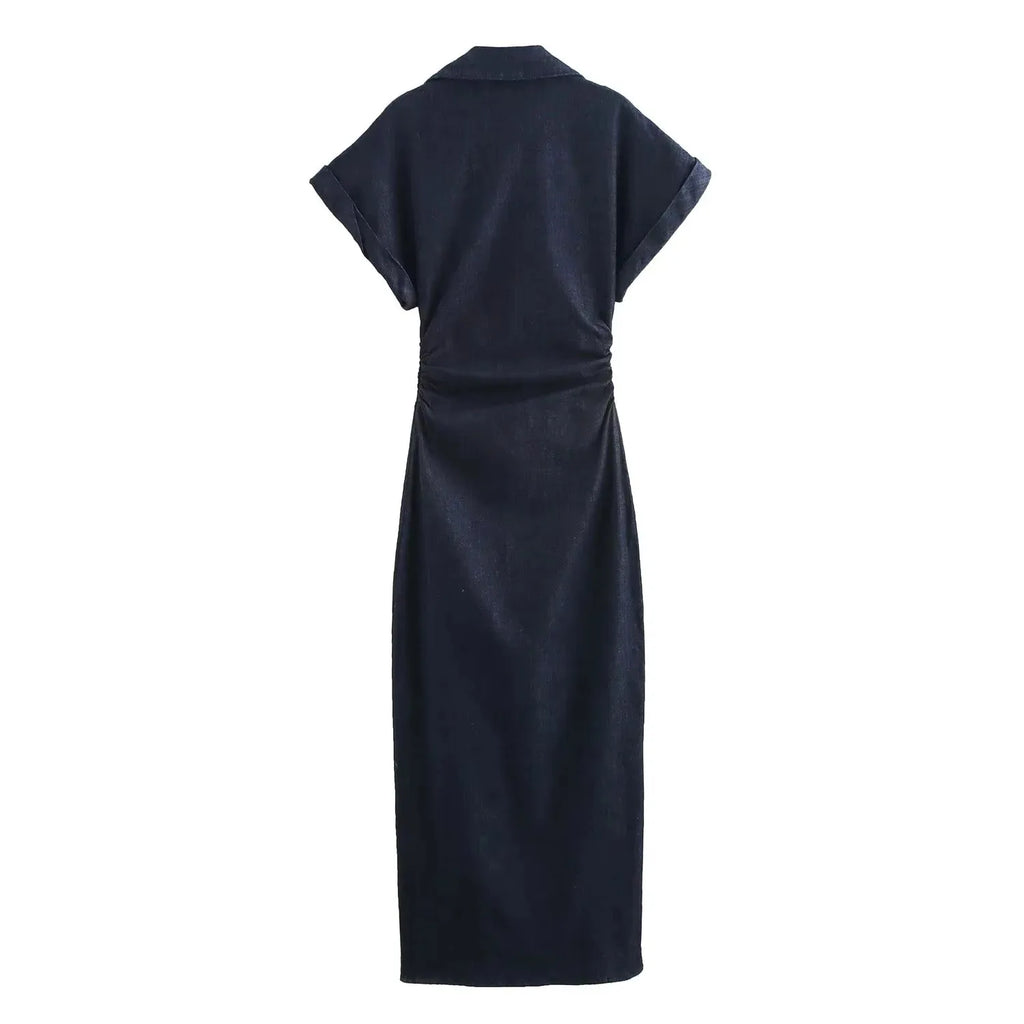 Denim Dress Women's Spring Summer Casual Long Dresses For Women 2026 New Fashion Ruched Short Sleeve Streetwear Midi Dress