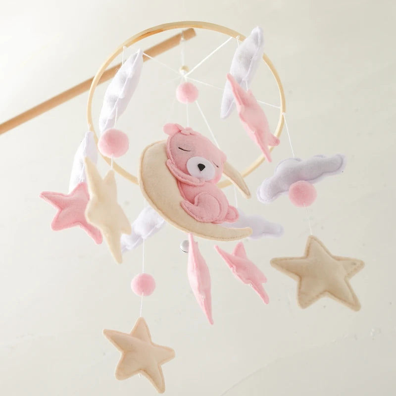 Wooden Crib Mobile Baby Bed Bell Rattle Toy Soft Felt Cartoon Bear Mobile bracket Newborn Music Box Bed Bell Hanging Bracket Toy