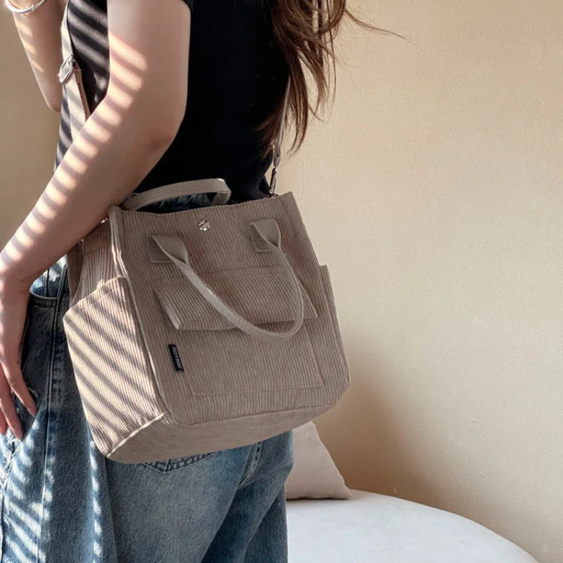 Hand Washable Corduroy Tote Bag with Multiple Pockets, Everyday Crossbody or Shoulder Bag, Solid Color Satchel for Daily Use