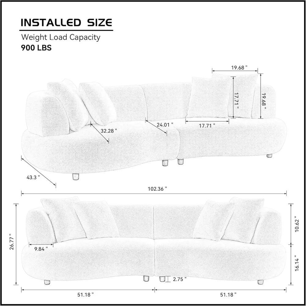 Contemporary 4-Seat Curved Sectional Sofa with Boucle Fabric and Pillows, Wooden Legs Living Room Furniture