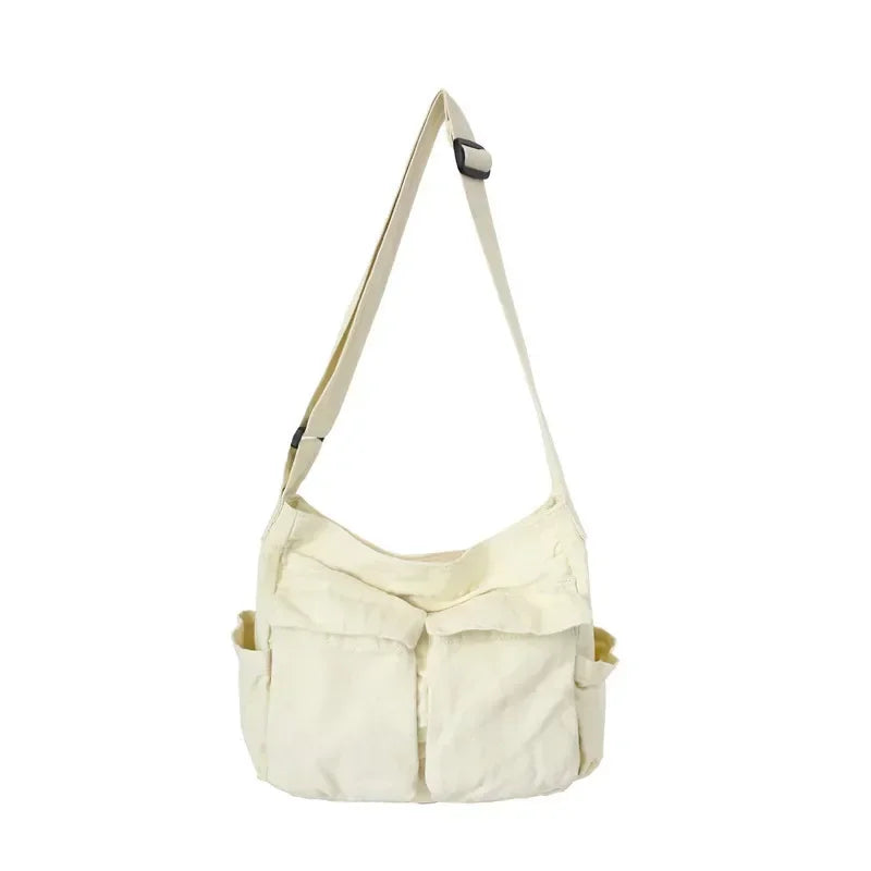 Women's Campus Messenger Bag Large Capacity Solid Color Canvas Shoulder Backpack Casual Handbag