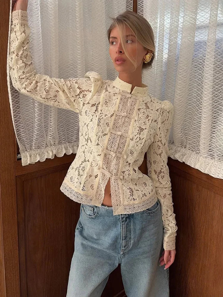 Tornova 2025 New Lace Hook Flower Women's Shirt Fashion Commuting Long Sleeve Cardigan Top Retro Slim Stand Collar Lady Blouses