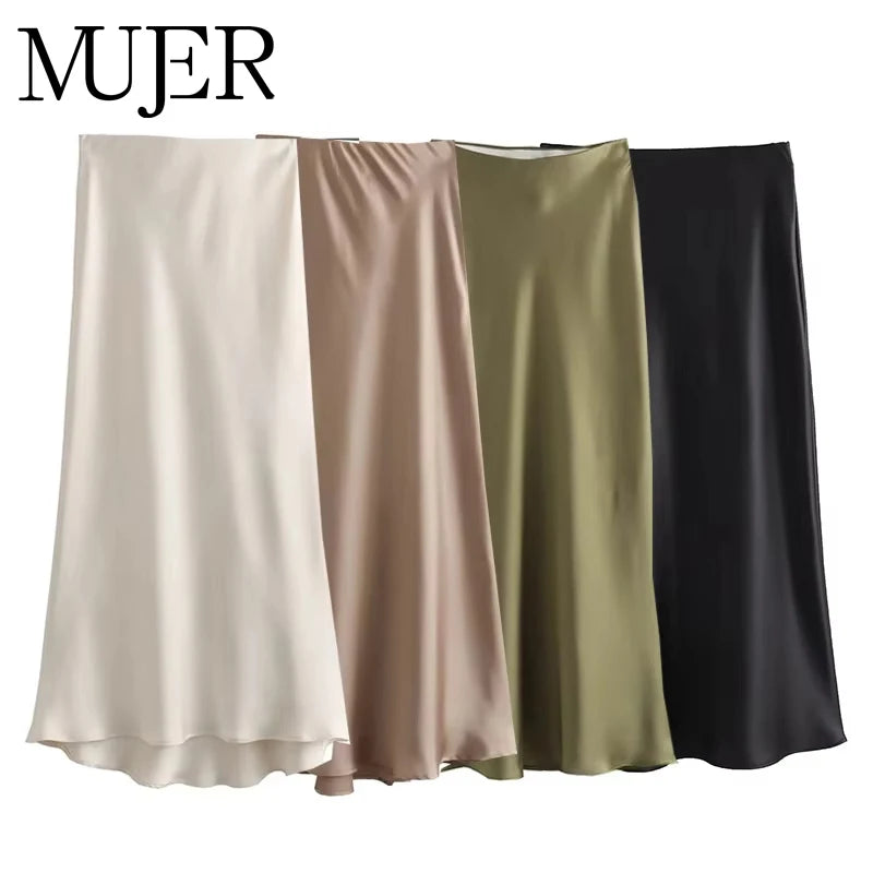 MUJER Woman 2025 Satin Skirt Women High Waist Long Skirts For Women Summer Black Midi Skirt Woman Office Elegant Women's Skirts