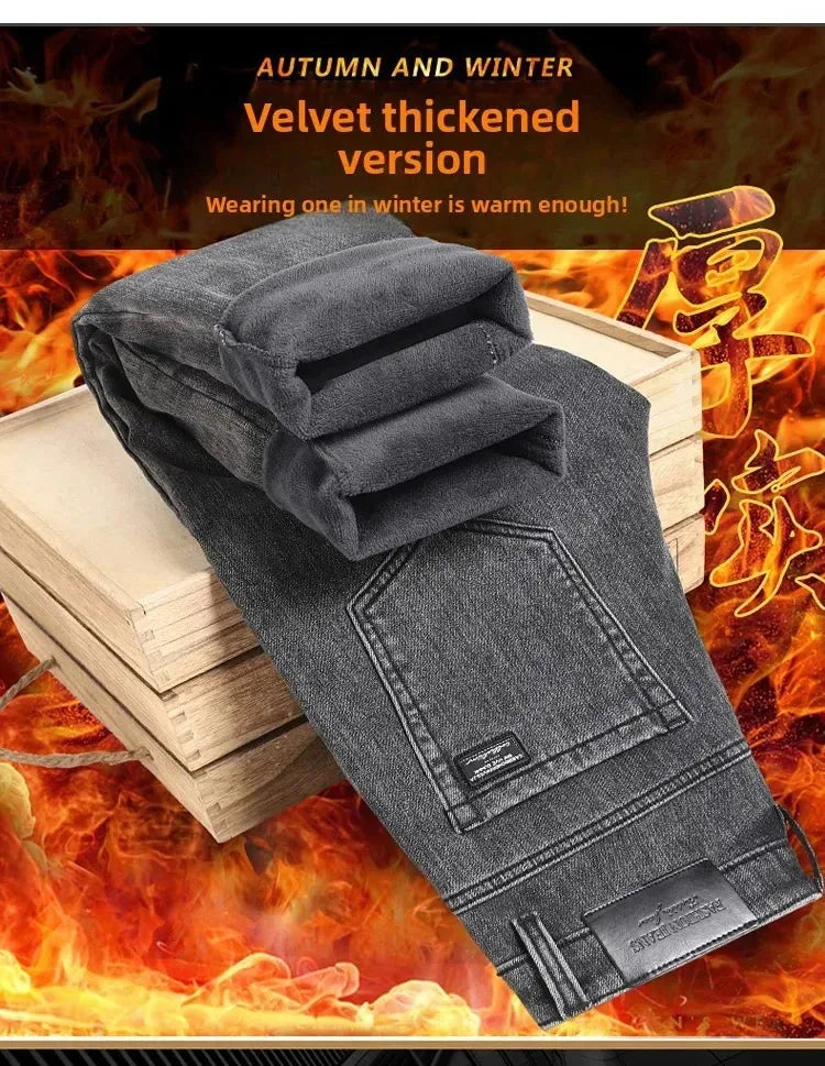 2025 New Winter Men Black Straight Stretch Denim Thick Velvet Pants Warm Jeans Casual Fleece Line Trousers Male Plus Size