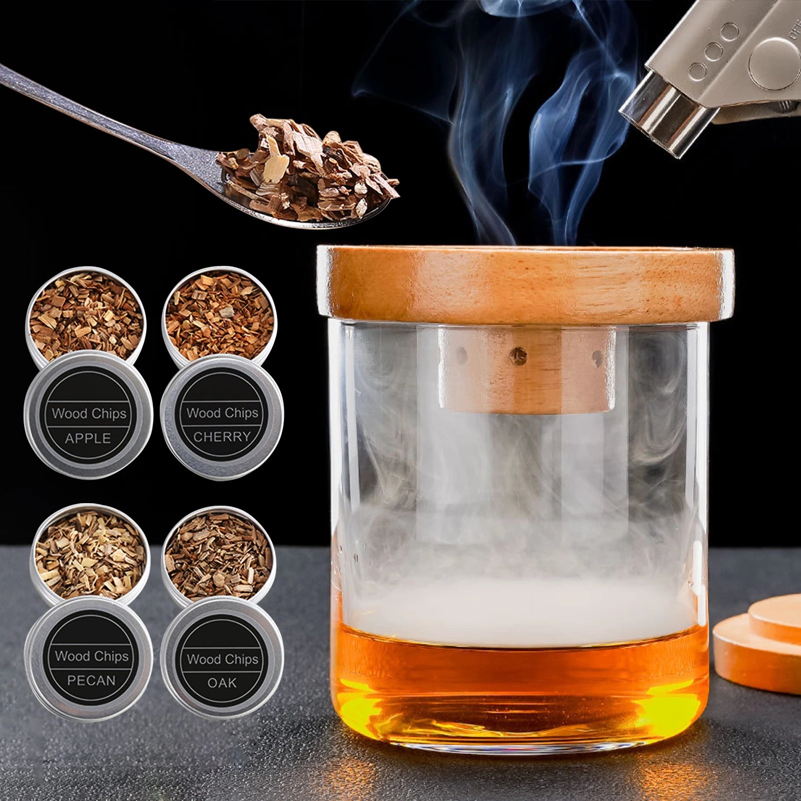 Glass Top Smoker Cocktail Smoker Kit With 4PCS Wood Chips Bartender Accessories For Whiskey Drinks Smoking Gift Kit for Men