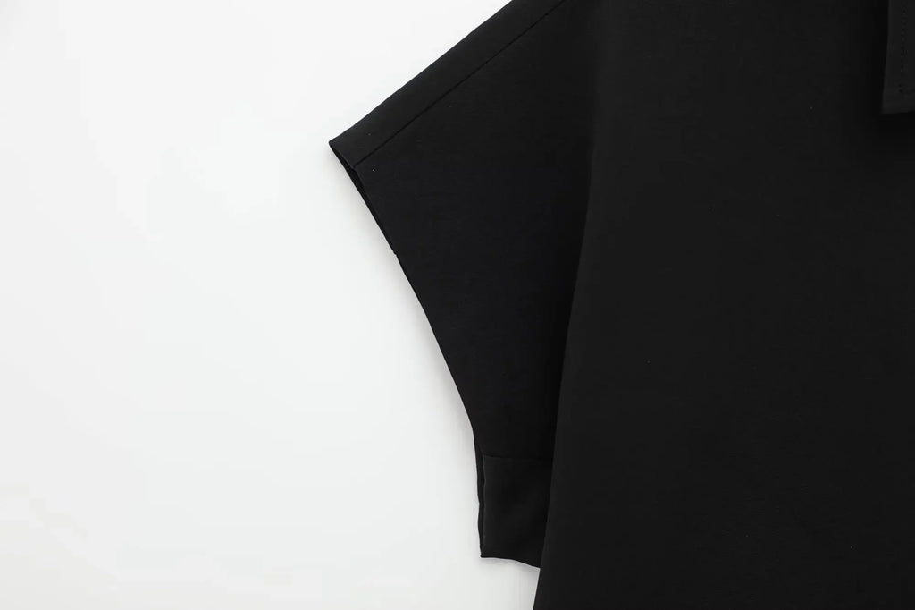 TFMLN Fashion Set For Women Summer 2025 New Slim Lapel Zipper Short Sleeve Coat Top Wide Leg Pants Two Piece Set Leisure Black