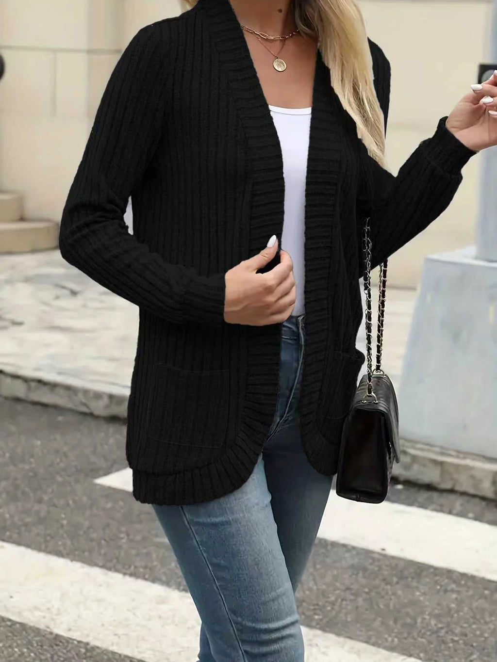 New fashion women's solid color casual pit stripe brushed cardigan jacket