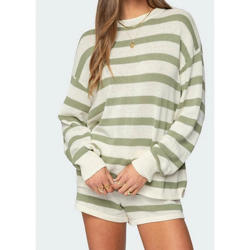 Women's Long Sleeve Shirts Striped Knit Shorts Set Casual Patchwork Premium Quality Lace Up Sets for Home Outfit