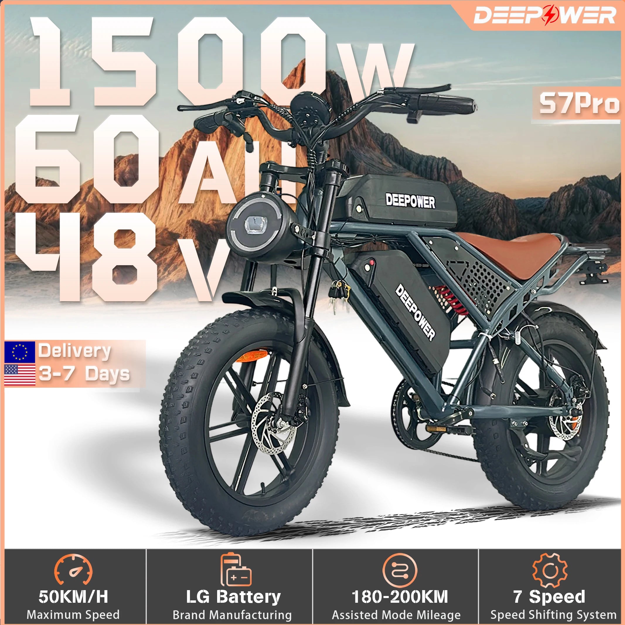 DEEPOWER S7Pro Off-Road Electric Bike — 48V 60Ah LG Battery, 1500W, 20x4 Fat Tires