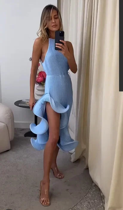 Women Romantic Yellow Halter Maxi Dress Ribbed Knit Ruffled High-slit Slim-fit Vestido 2026 Lady New Spring Trendy Fashion Robes