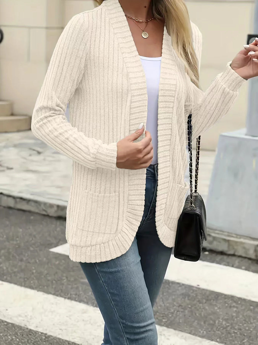 New fashion women's solid color casual pit stripe brushed cardigan jacket