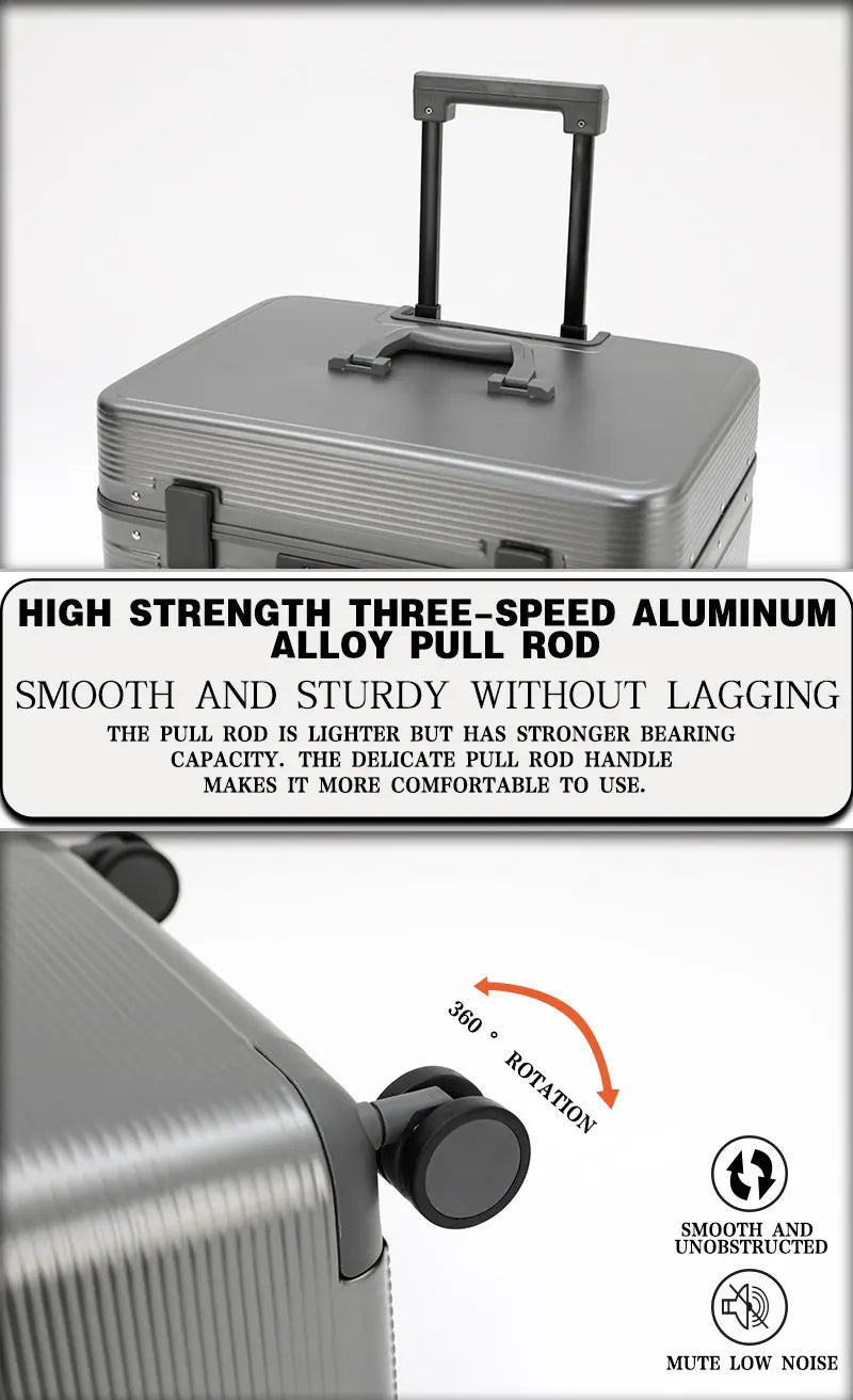 Aluminum Alloy Frame Suitcase, Top-Opening ABS Portable Trolley Case, Universal Wheels, Customs Code Lock Boarding Case