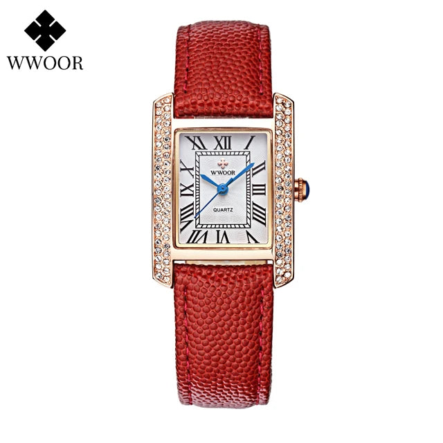 WWOOR Elegant Women's Watches Square Diamond Ladies Watch Waterproof Luxury Brand Leather Quartz Bracelet Watches Zegarek Damski