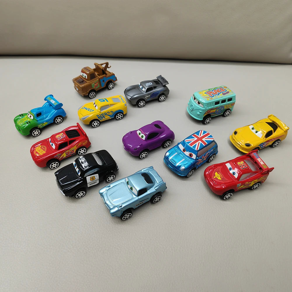 12pcs/Set Hot Sale Pixar Cars Lightning Mcqueen Jackson Storm Mater Pvc Model Back-Force Car Toy For Kids Birthday Gift Set