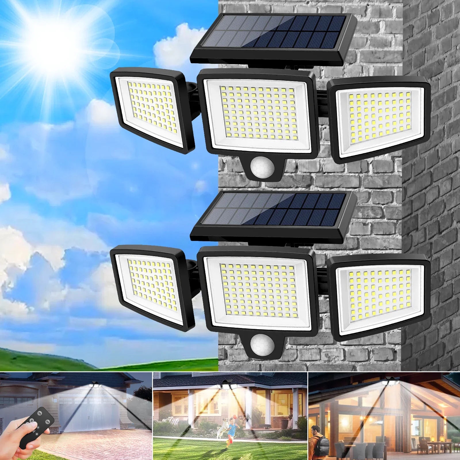 SZRSTH 3-Head Solar Motion Sensor Light | Remote Control, 3 Modes