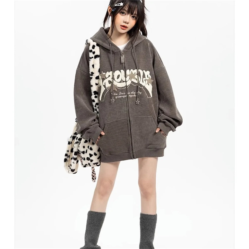 Fashion Embroidery Zip Up Hoodies Women Autumn Long Sleeve Tops Loose Hood Shirt Harajuku Y2K Clothes Female Sweatshirt Jacket