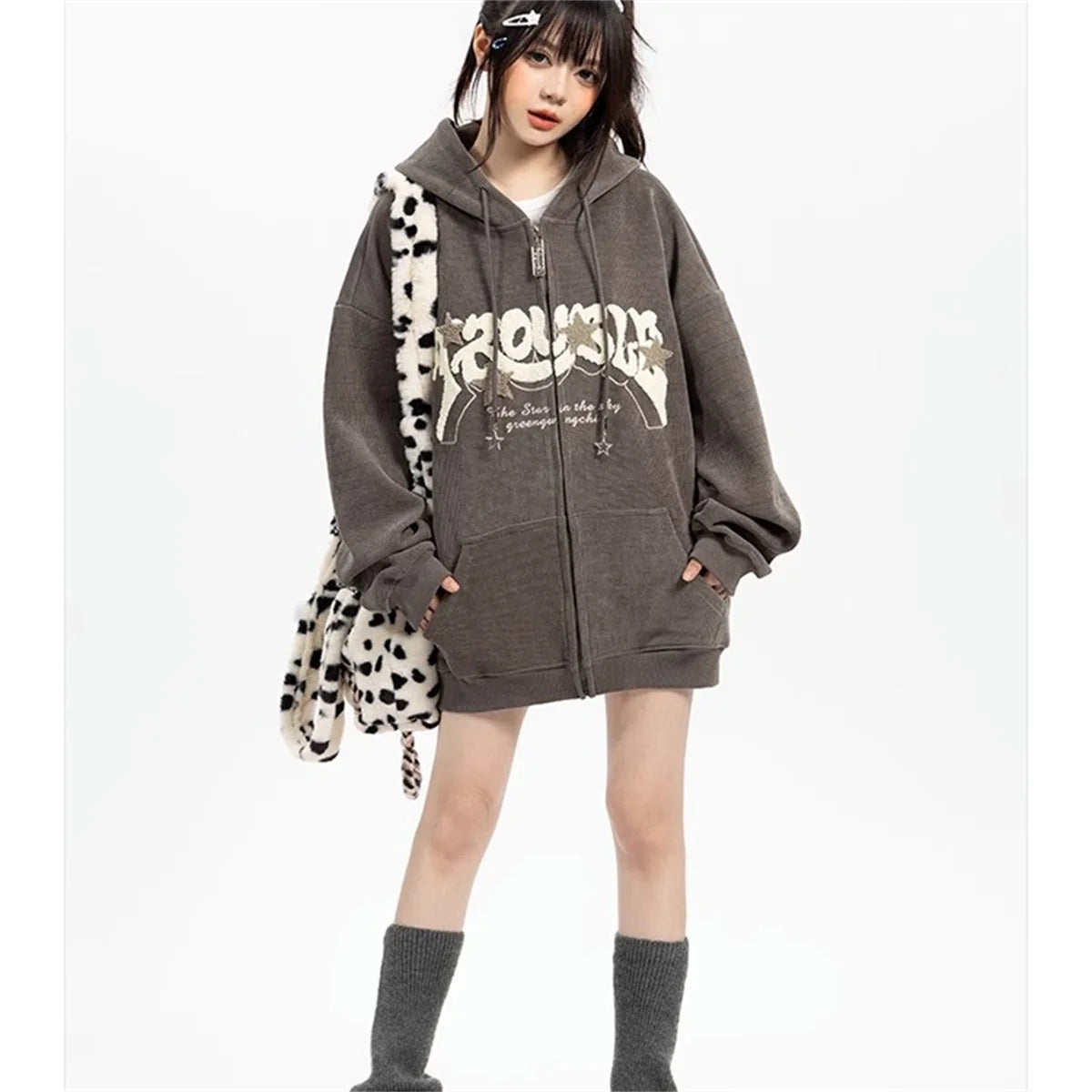 Fashion Embroidery Zip Up Hoodies Women Autumn Long Sleeve Tops Loose Hood Shirt Harajuku Y2K Clothes Female Sweatshirt Jacket